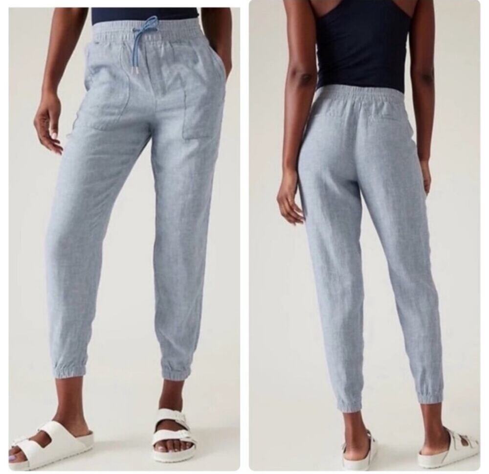 Athleta Pants Womens 2 Tall Blue Retreat Linen Jogger Resort Travel Breathable